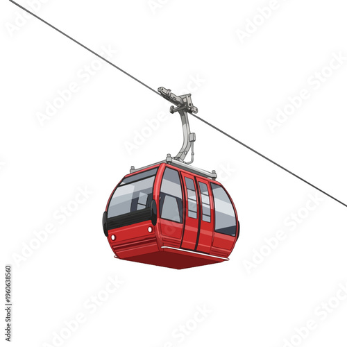 A red, modern cable car hangs suspended from a thick cable against a plain white background