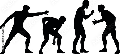 Silhouettes of men arguing and fighting, aggressive confrontation, conflict between people, tense discussion and physical attack isolated on white background