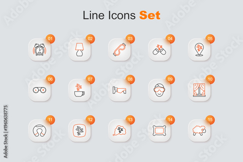Set line Sheep, Pillow, Sleepy, Travel neck pillow, Window with curtains, Eye sleep mask and Bed icon. Vector