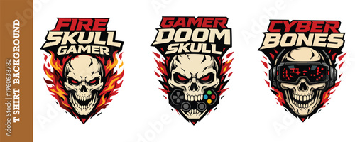 Fire skull and cyber bones gaming characters for digital sports and multimedia mascot kits.