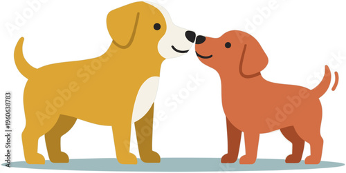 Two dogs are kissing each other lovingly on the nose outside.