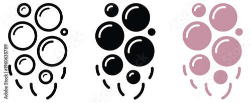 Soap bubbles foam water icon set, detergent cleaning foam bubble symbols, washing suds hygiene illustration, bath soap lather effect icons, sparkling clean water foam concept