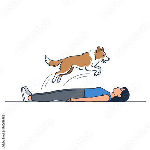 Woman does crunches exercise with dog jumping over her on floor