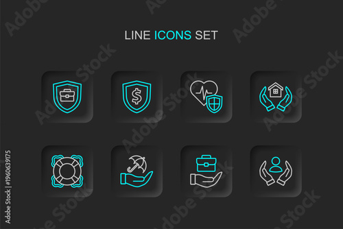 Set line Life insurance, Hand holding briefcase, Umbrella hand, Lifebuoy, House, with shield, Shield dollar and Briefcase icon. Vector