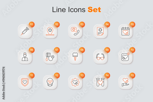 Set line Heart with cross, Test tube blood, Skull, Immune system, Mobile heart rate, Glasses and Dental implant icon. Vector