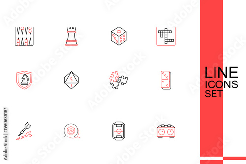 Set line Time chess clock, Table football, Game dice, Dart arrow, Domino, Puzzle pieces toy, and Chess icon. Vector