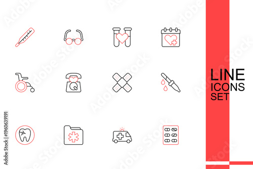 Set line Pills in blister pack, Ambulance car, Medical health record folder, Tooth with caries, Pipette, Crossed bandage plaster, Emergency call 911 and Wheelchair for disabled person icon. Vector
