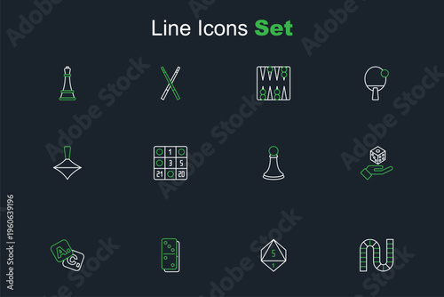 Set line Board game, Game dice, Domino, Bingo, Chess pawn, card and Whirligig toy icon. Vector