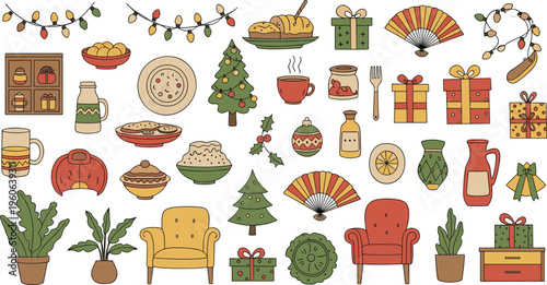 Christmas home decor and festive elements set flat vector illustration cozy interior items gifts food drinks and holiday decorations collection