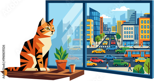 A curious cat sitting on a windowsill looks out at a bustling city street scene.