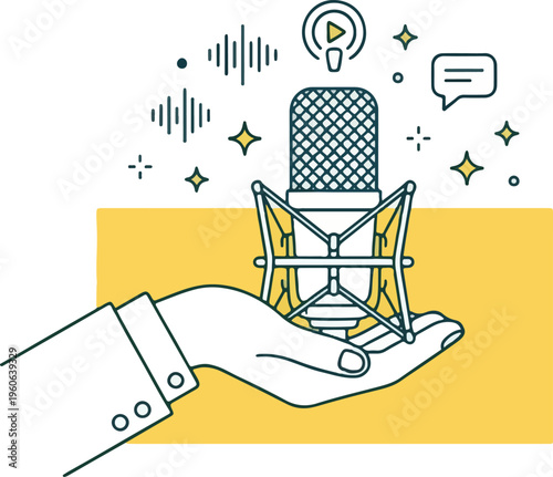 Hand-Drawn Line Art Podcast & Broadcasting Concept, Hand Drawn Vector Illustration of a Hand Holding a Studio Microphone for Podcast Concept