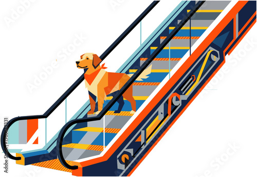 Dog rides escalator with orange steps moving upwards in station