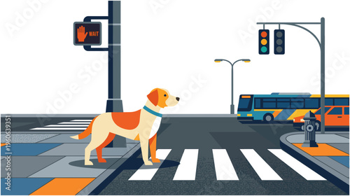 A dog waits to cross the street at a busy urban intersection with a bus.