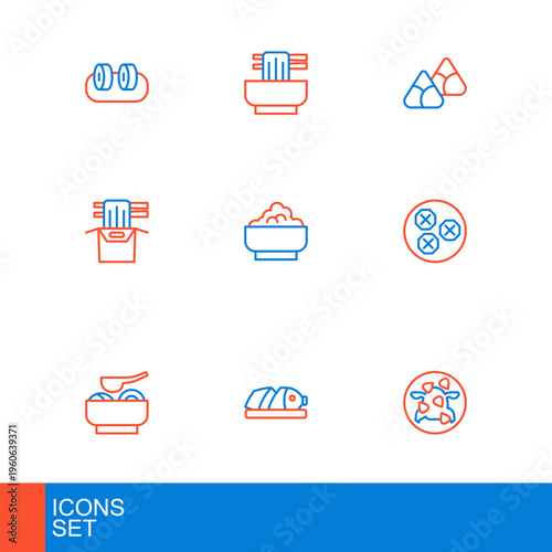 Set line Kung Pao chicken, Fish with sliced pieces, Ramen soup bowl, Wonton, Asian noodles in paper box, Rice, Zongzi bamboo steamer and icon. Vector