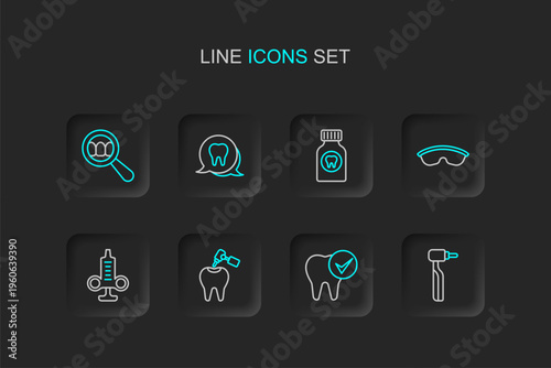 Set line Tooth drill, with caries and, Syringe, Safety goggle glasses, Toothache painkiller tablet, and Dental search icon. Vector