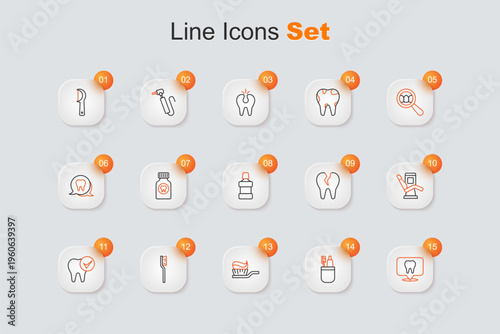 Set line Dental clinic location, Toothbrush and toothpaste, with, Medical dental chair, Broken and Mouthwash icon. Vector