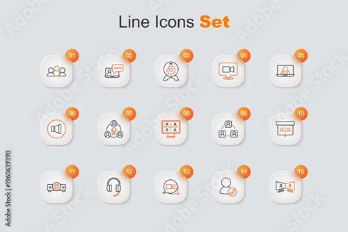 Set line Video chat conference, Headphones, Movie, film, media projector, Meeting and icon. Vector