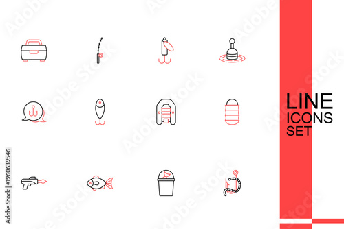 Set line Fishing hook and worm, Fisherman hat, net, Inflatable boat with motor, lure and icon. Vector