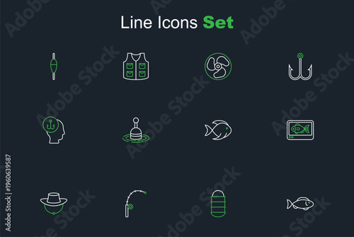 Set line Fish, Fishing net, rod, Dried fish, finder echo sounder, bucket with, float water and Camping folding chair icon. Vector