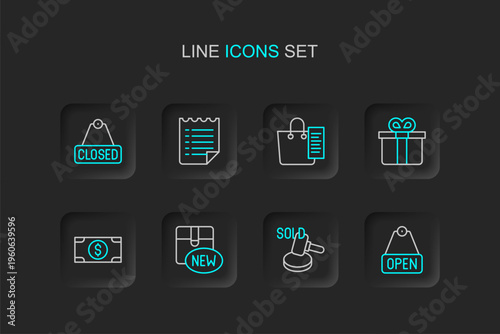 Set line Hanging sign with text Open, Auction hammer, New collection, Stacks paper money cash, Gift box, Shopping list, Wish template and Closed icon. Vector