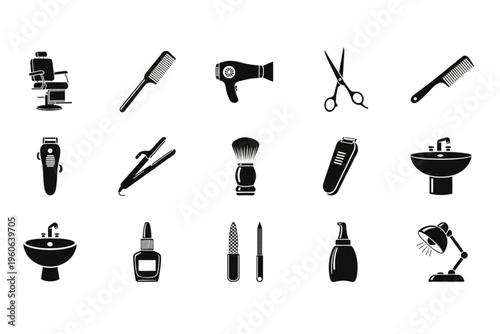 salon Equipment icon sheet isolated hair brush, scissor, shaver, dryer, comb and machine