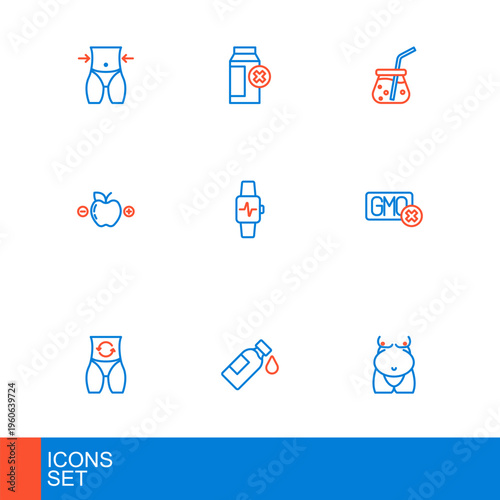 Set line Obesity, Bottle of water, Metabolism, No GMO, Calorie calculator, Smart watch with heart, Fresh smoothie and Lactose intolerance icon. Vector