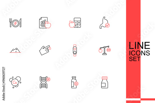 Set line Vitamins, Lactose intolerance, No GMO, Calcium, Calorie calculator, Smart watch with heart, Finger blood and Salt icon. Vector