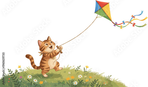A curious cat plays with a colorful kite on a sunny green hill
