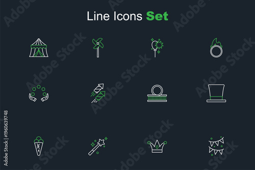 Set line Carnival garland with flags, Jester hat bells, Magic wand, Ice cream in waffle, Cylinder, Roller coaster, Firework rocket and Juggling ball icon. Vector