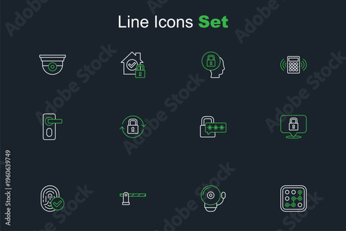 Set line Graphic password protection, Ringing alarm bell, Parking car barrier, Fingerprint, Lock, Cyber security, and door lock icon. Vector