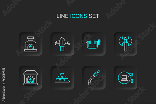 Set line Blacksmith anvil tool, Welding torch, Gold bars, oven, Medieval poleaxe, Clamp and screw, Classic iron fence and icon. Vector