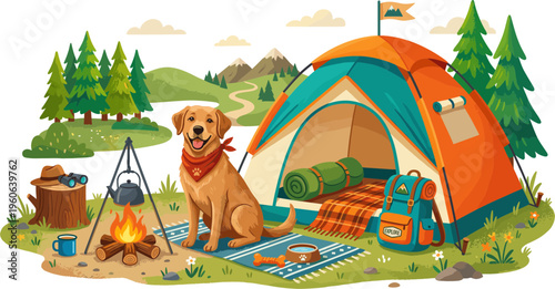 A dog sits beside a campsite with a tent and campfire in a serene natural landscape.