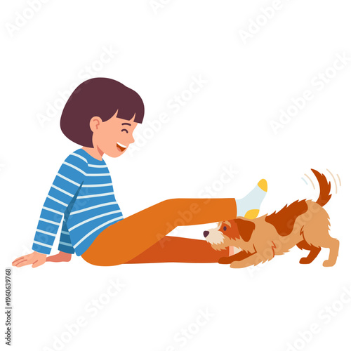 A girl plays with her dog on the floor indoors happily