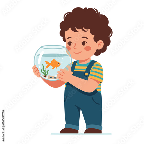 A boy excitedly holds up a fishbowl containing a goldfish and plant.