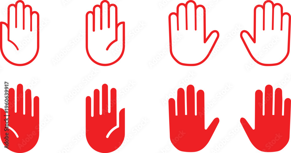 Fototapeta premium stop hand icon set with outline and solid warning gesture protection and prohibition symbols for web and safety design