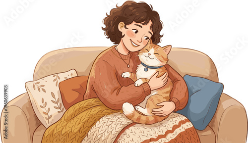 Woman sitting on sofa happily hugging orange cat tightly indoors.