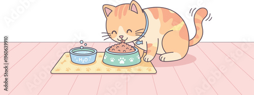 An orange cat eats from a green bowl on a yellow mat indoors.