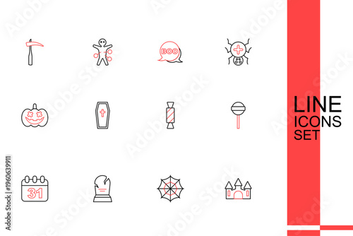 Set line Castle, Spider web, Tombstone with RIP written, Halloween date 31 october, Lollipop, Candy, Coffin christian cross and Pumpkin icon. Vector