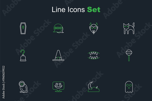 Set line Ghost, Moon and stars, Happy Halloween holiday, Owl bird, Lollipop, Vampire teeth, Witch hat and Pirate hook icon. Vector