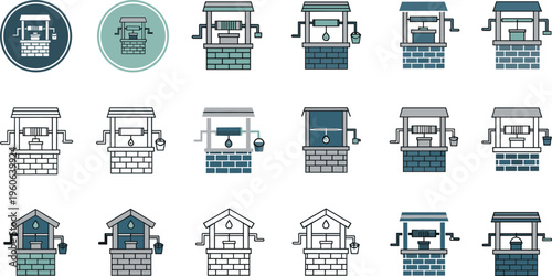 Water Well Icon Set with Various Traditional Brick Stone and Wooden Well Designs Featuring Bucket and Pulley Systems for Rural Architecture Illustrations
