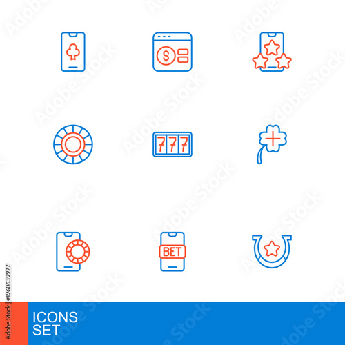 Set line Horseshoe, Online sports betting, Casino slot machine with clover, chips, Slot jackpot, and poker table game icon. Vector