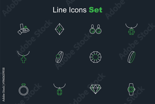 Set line Wrist watch, Diamond, Pendant necklace, engagement ring, Wedding, and Christian cross chain icon. Vector