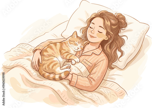 Woman resting with cat on bed