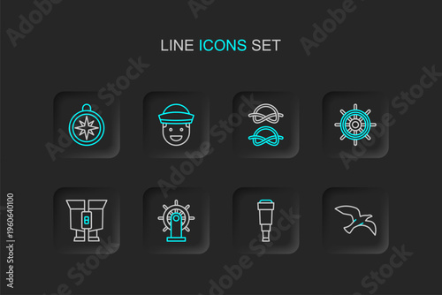 Set line Bird seagull, Spyglass telescope lens, Ship steering wheel, Binoculars, Nautical rope knots, Sailor and Compass icon. Vector
