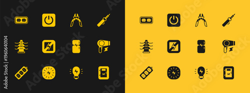 Set Soldering iron, Lightning bolt, Refrigerator, Creative lamp light idea, No lightning, Pliers tool, Electrical outlet and Power button icon. Vector