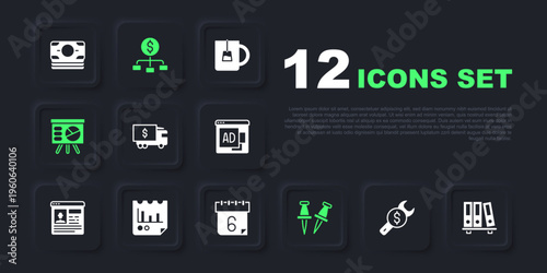 Set Repair price, Office folders, Armored truck, Push pin, Board with graph, Document chart, Hierarchy dollar and Calendar icon. Vector