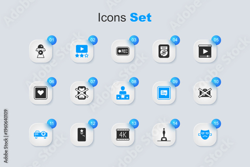 Set Movie trophy, No cell phone, Rating movie, Movie, film, media projector, Drama theatrical mask, Prohibition no video recording, Science fiction and Actor star icon. Vector