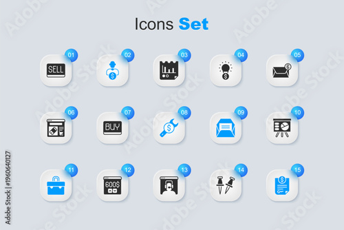 Set Push pin, Buy button, Business investor, Briefcase, Contract money, Board with graph, Sell and Repair price icon. Vector