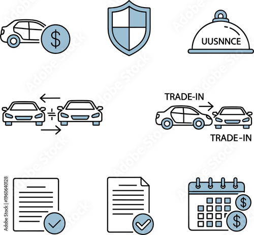 Car insurance and auto trade icons set with documents, protection shield, calendar payment and vehicle exchange concepts