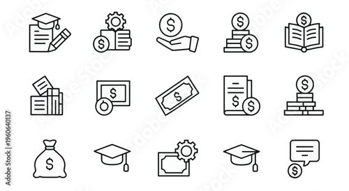 A collection of black and white line icons illustrating the intersection of education and finance, featuring graduation caps, money stacks, books, and certificates, Graduation Cap, Student Loan, Bag
